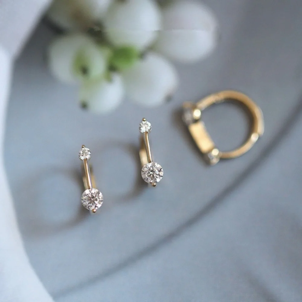 Sterling Silver Simulated Diamond Drop Bar Miniature Gold Earrings - Picture 3 of 8